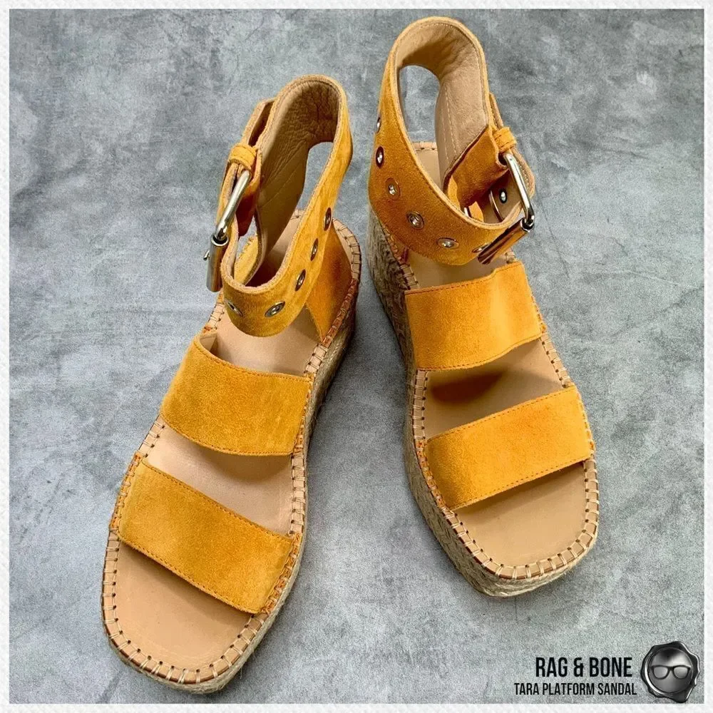 RAG & BONE TARA ESPADRILLE PLATFORM SANDAL MARIGOLD SUEDE WOMEN’S SIZE 7 YELLOW
